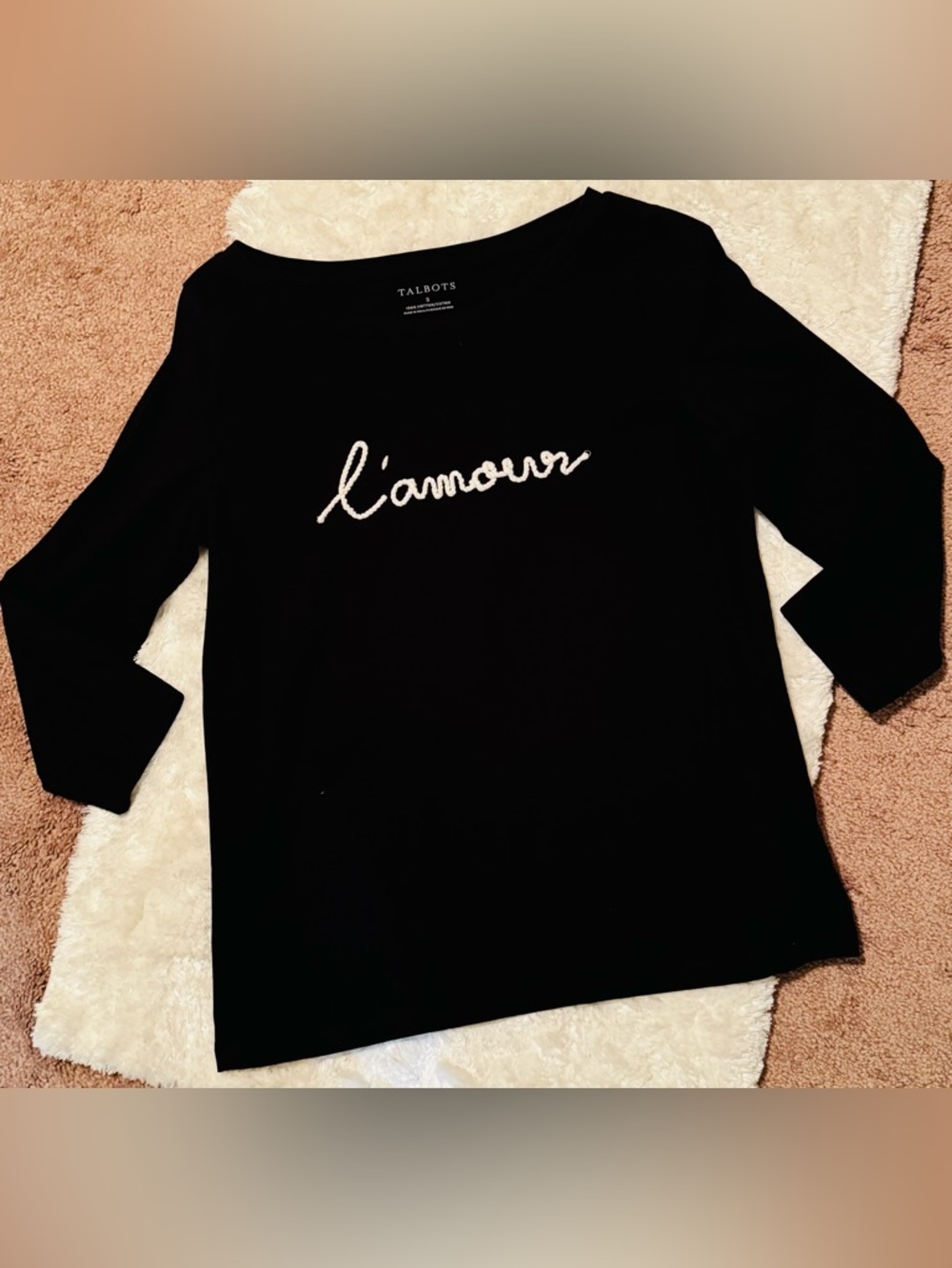 Talbots Black Knit Top with Ivory Rope 'l'amour' Embroidery, Small